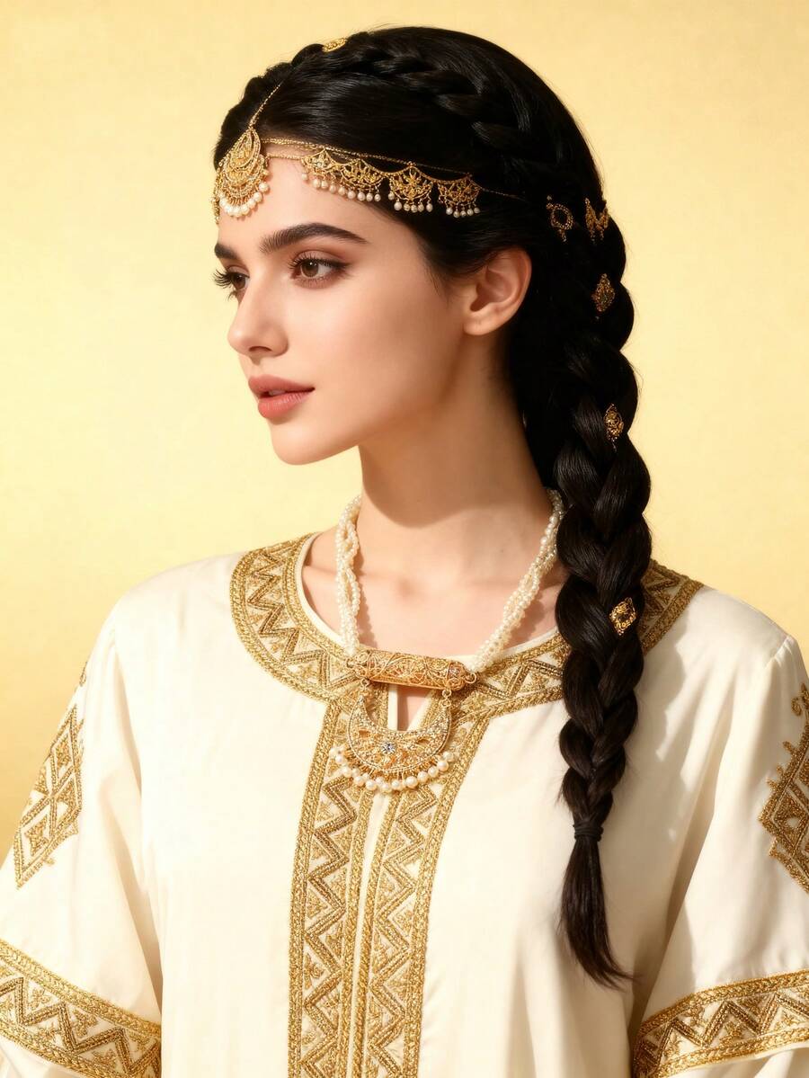 Herseygold 1pc Gold-Plated Crescent Moon Pendant Pearl Necklace, Middle Eastern Luxury Bridal Necklace, Arabic Wedding Festival Jewelry Gift For Women