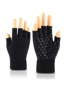 1 Pair Fingerless Gloves, Knitted Knitted Warm Gloves With Thermal Lining For Men, Outdoor Cycling, Winter - Multicolor - View 2