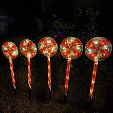 1 Set de 5 piezas de luces solares de camino con forma de piruleta rojas y blancas, con 8 modos de iluminación, luces decorativas de ambiente para Navidad, con interruptor de botón, adecuadas para exteriores, jardín, centro comercial, autocaravana, camping, boda, césped, fiesta en el patio trasero, jardín, vacaciones, decoración navideña