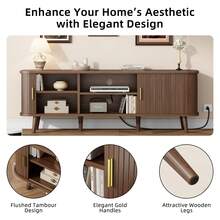 GIKPAL Fluted TV Stand For 65 Inch TV – Modern Entertainment Center With Power Outlets, Adjustable Shelves & Sliding Doors, Stylish Media Console For Living Room, Walnut - 查看 6