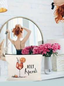 Holy Aperoli Cocktail Canvas Tote & Cosmetic Pouch –No‑Closure Shoulder Shopper With Wine Glass & Aperol Cocktail Print, Hand‑Washable, Large‑Capacity Multi‑Pocket Beach, Grocery & Travel Bag, Versatile Daily Carryall & Beauty Organizer For Women, Back To School,Teens, Shoppers, Party‑Goers & Gift Giving - Multicolor - View 3