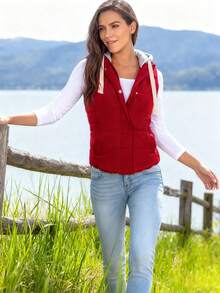 Women's Hooded Puffer Vest, Winter Warm Zip Up Quilted Jacket For Outdoor Casual Wear - 紅色 - 查看 3