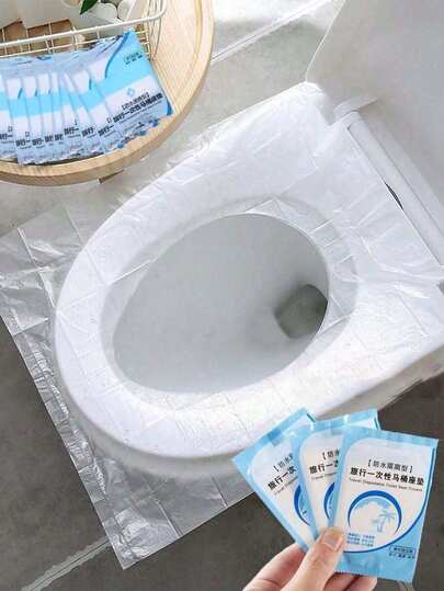 20 piezas Cubiertas desechables universales para asiento de inodoro, forros de inodoro de viaje de PVC impermeables, cubiertas sanitarias portátiles para avión, camping, accesorios de baño, empaque independiente, esencial para baños públicos