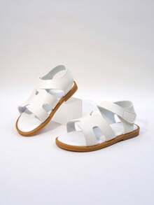 1双儿童时尚休闲可爱防滑户外金属扣凉鞋，儿童沙滩拖鞋 - 白色 - 查看 7