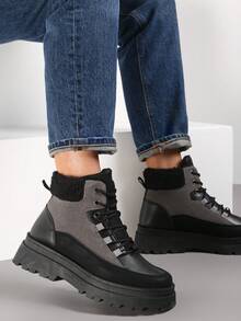 Casual Color Block Lace-Up Trapper Boots For Daily Wear - Dark Grey - View 2