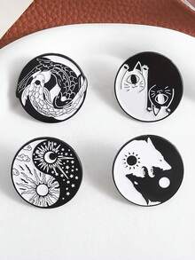 4 piezas Alfileres de solapa personalizados con diseño de Yin-Yang, Bagua, Koi, sol, luna y gato en esmalte como regalo para niños y amigos
