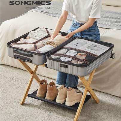 SONGMICS Luggage Rack, Bamboo Luggage Rack For Guest Room, Folding Suitcase Stand, For Hotel, Bedroom, Heavy-Duty, Holds Up To 131 Lb, Natural Beige