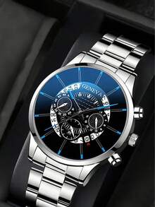 4-Piece Stylish Business Casual Men's Watch Set, Including A Stainless Steel Quartz Movement Watch, A Cross Necklace, A Bracelet And A Ring - Business Casual Style - The Perfect Gift For Him, Birthday Gift, Graduation Gift