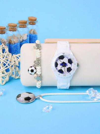 3PCS Football Soccer Fan Quartz Watch Set For Boys - Sporty Style 2025 Soccer Watches With Adjustable Silicone Straps, Football Braided Rope Bracelet + Necklace, Birthday Christmas Holiday Gift For Kids Age 3-14 (White)