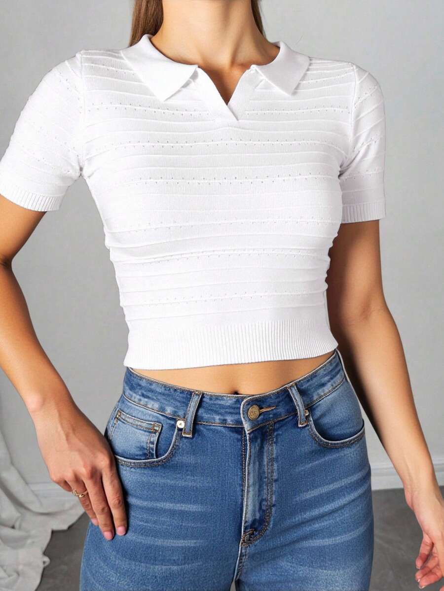 Blusa mujer cuello polo manga corta casual tejido punto crop top moderna colores neutros diseño calado moderno tejido elastico casual elegante otoño invierno comodo diario - Blanco - Ver 1