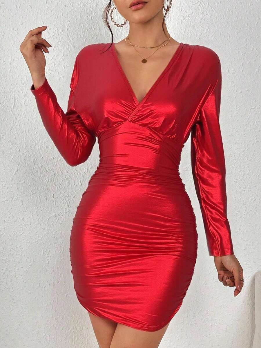 Vestido Ajustado Metálico con Manga Larga y Escote Profundo - Rojo - Ver 1