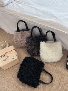 Fashionable Plush Tote Bag For Girls, Bucket Handbag - A - View 2