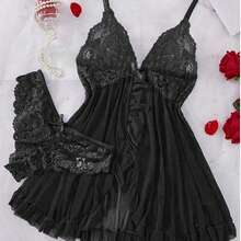 SOFUSEN 3pcs/Set Women Sexy Deep V Lace Lotus Lingerie Set, Versatile Sexy Sleepwear For Bedroom, Bathroom, Party - Black - View 11