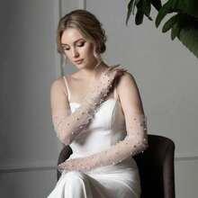 1 Pair Minimalist Bridal Wedding Dress Sheer Mesh Fabric Faux Pearl Arm Decor Gloves, Bridal Accessory