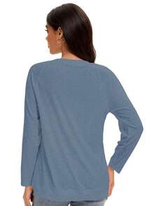 Luueen Women's Fall Basic Long Sleeve Shirts Casual Loose Fit Stylish Fashion Tops - Màu xanh mờ - Xem 3