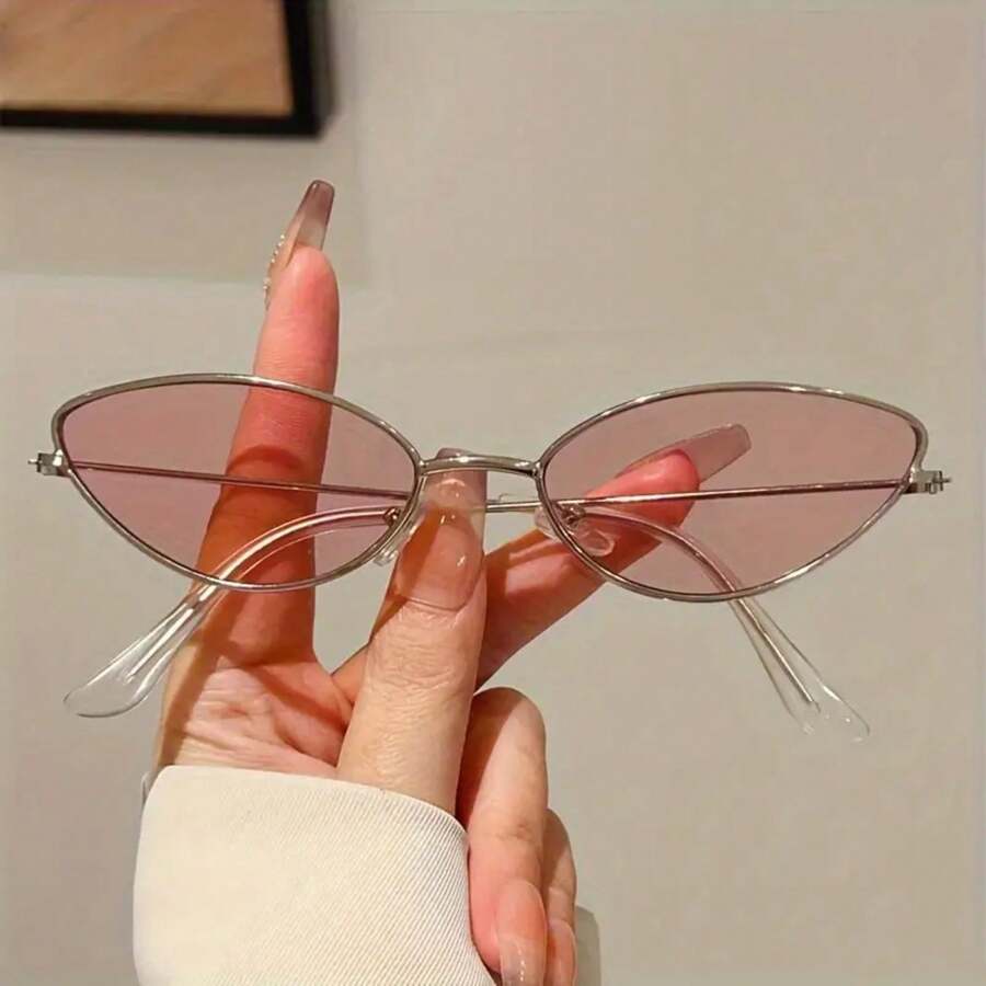 1 Pair Women New Cat Eye Model Fashion Glasses Exquisite Small Frame Popular Multicolor Entry Luxury Style Metal Edge Design  Men Glasses - 銀粉色 - 查看 1