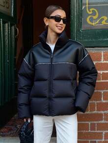 Livesso Women's Autumn/Winter PU Leather Patchwork Loose Casual Street Style Padded Coat Jacket - Black - View 5
