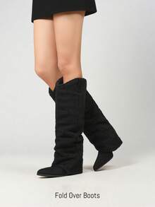 2025 Women Knee High Boots Western Cowboy Boots Chunky Heeled Warm Boots Slouch Tall Boots ,Fold Calf ,Side Zipper,Wide Calf - Đêm tối - Xem 4