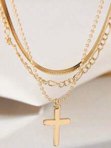 3pcs/Set Fashionable New Gold Metallic Flat Chain & Round Bead Chain Layered Cross Pendant Necklace