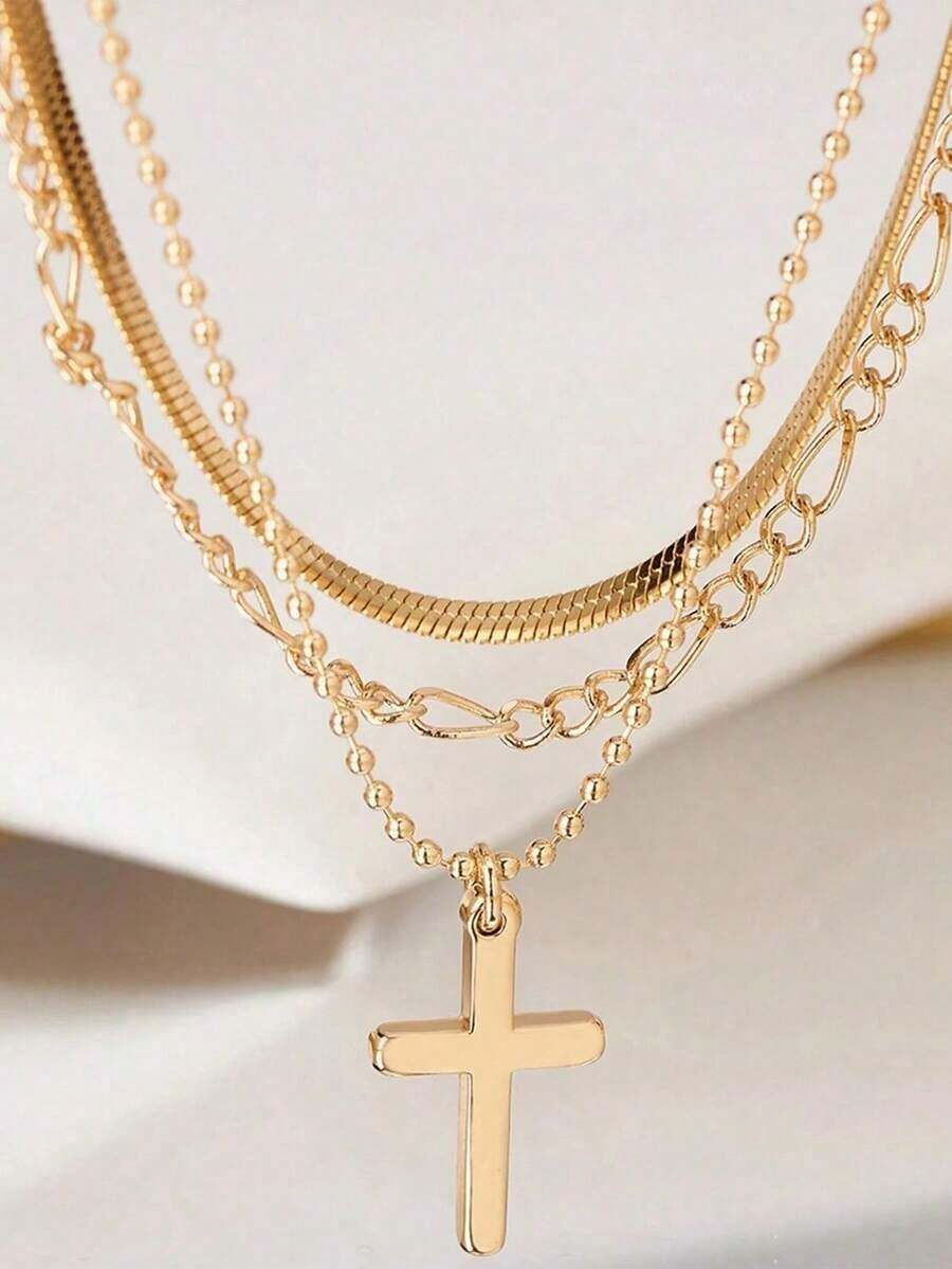 3pcs/Set Fashionable New Gold Metallic Flat Chain & Round Bead Chain Layered Cross Pendant Necklace