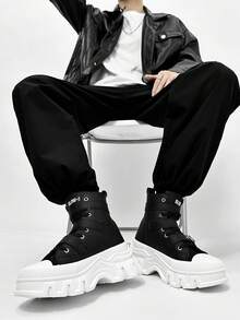 SLnU3 SLNU★3 Men's Fashion Casual Thick-Soled Height-Increasing Boots Creative Buckle Punk Style Suitable For Outdoor Street Style All-Match Style In All Seasons - Đen và trắng - Xem 1