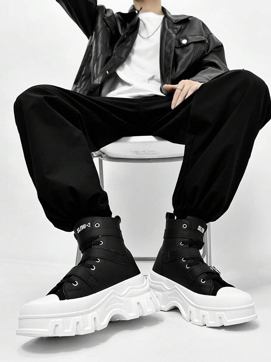 SLnU3 SLNU★3 Men's Fashion Casual Thick-Soled Height-Increasing Boots Creative Buckle Punk Style Suitable For Outdoor Street Style All-Match Style In All Seasons - Đen và trắng - Xem 1