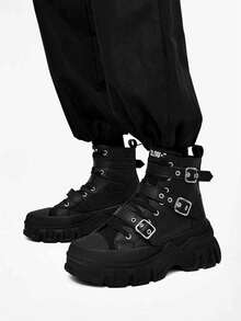 SLnU3 SLNU★3 Men's Fashionable Casual Thick Sole High Top Shoes  Punk  Casual    Fashion Cool Punk Style  Outdoor    Spring And Autumn - 全黑 - 查看 10