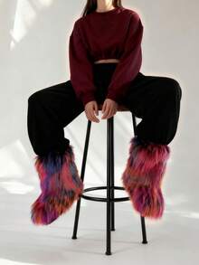 Women's Multicolor Boots Faux Fur Boots Slip-On Mid-Calf Boots, Fluffy Furry Warm Winter Snow Boots Fashion Y2K Style For Halloween, Christmas, Holiday Party - 中紫紅色 - 查看 4