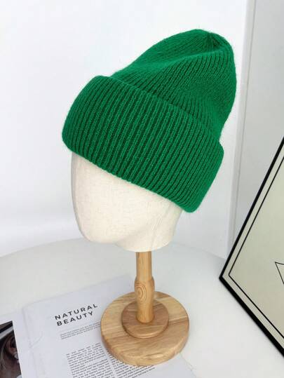 1 件女士纯色双层卷边时尚针织帽，秋冬季户外保暖