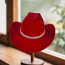 Cowgirl Hat for Women Classic Western Rolled Wide Brim Fedora Hat with Rhinestones White Bead Decorative Belt - Rojo - Ver 6