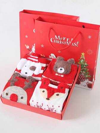 4 Pairs Women's Christmas Crew Socks Gift Box, Reindeer, Fox, Snowman Design, Suitable For Home, Office, Gift