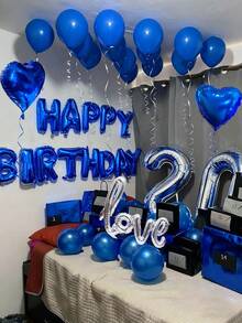 553pcs Blue & Silver Birthday Balloon Kit, 500pcs Non-Woven Fabric Petals, Happy Birthday Banner Letters + Love & Heart Foil Balloons, Dark Aesthetic Party Backdrop, Suitable For Romantic Couple Bedroom Decor, Midnight Surprise Birthday Party Decoration - 彩色 - 查看 5
