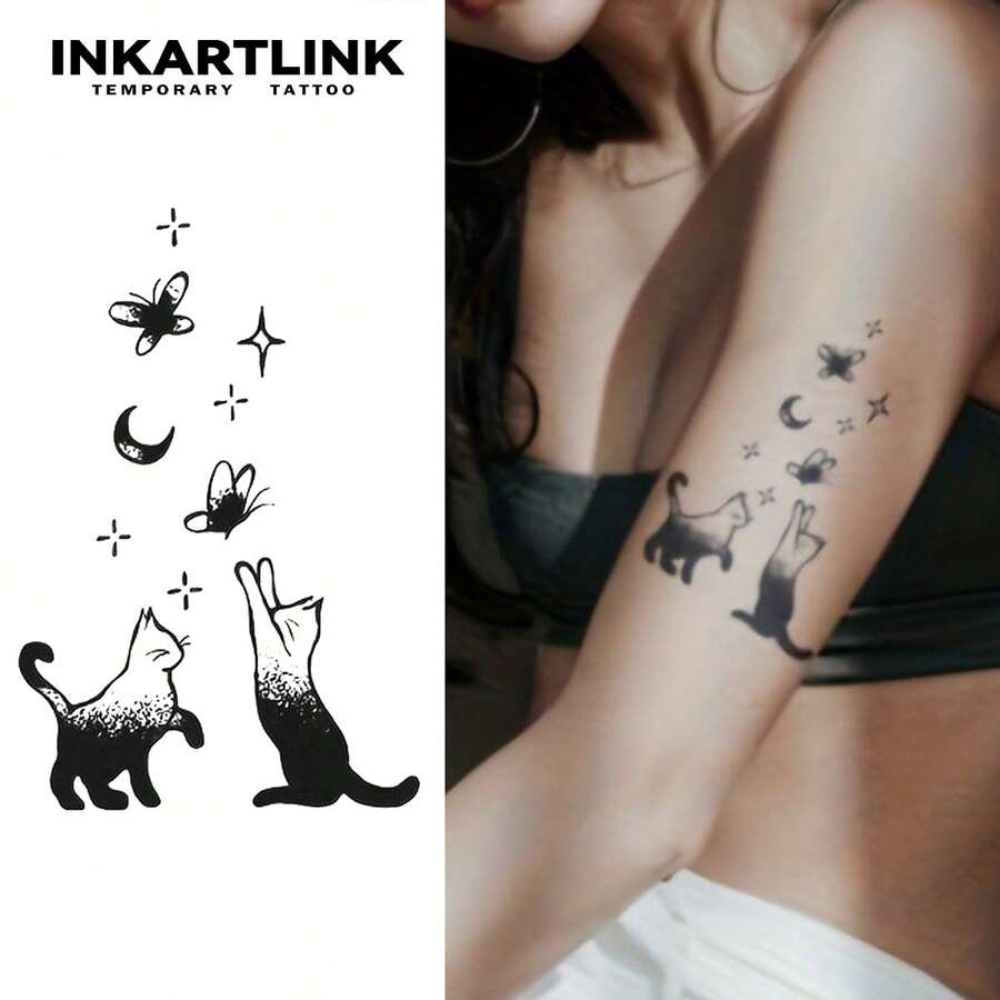 INKARTLINK 双猫追逐蝴蝶和星星简约黑白设计，防水持久1-2周临时纹身，小众设计，逼真的假纹身 - 黑色 - 查看 1
