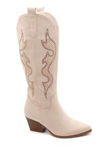 Bottes western pour femme en suédine douce, ornées de strass motif flamme sur la tige, avec bout pointu et talon moyen en bloc pour un style à la fois moderne et confortable. - 米色 - 查看 2