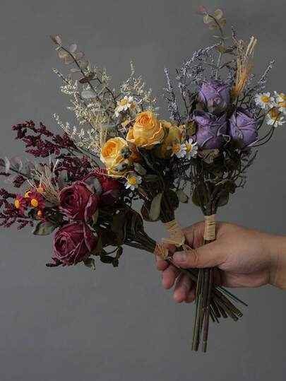 1 Bouquet New Frayed Edge Rose & Daisy Artificial Flower Arrangement, Small Vintage European Style Home Decor For Dining Table