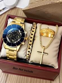 4-Piece Stylish Business Casual Men's Watch Set, Including A Stainless Steel Quartz Movement Watch, A Cross Necklace, A Bracelet And A Ring - Business Casual Style - The Perfect Gift For Him, Birthday Gift, Graduation Gift