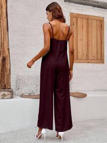 Palazzo casual de tirantes delicados con escote redondeado y detalle fruncido, pierna amplia suelta para mujer primavera verano comodidad frescura y estilo caida fluida que estiliza tu figura tela alta calidad suave ligero transpirable corte holgado y favorecedor - Rojo violeta - Ver 2