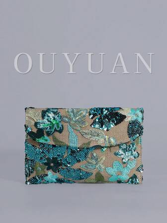 Sequin Embroidered Floral Envelope Clutch, Women's Fashion Sequin Patchwork Handbag, Party Evening Bag, Random Cut, Suitable For Women, Suitable For Parties, Weddings, Galas, Etc., Perfectly Matches Holiday Party Dresses, Evening Gowns And Sequin Dresses. Shiny Sequin Bag, Elegant Choice For Women.