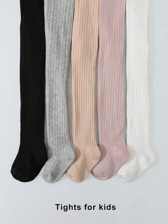 5 Pairs Girls' Solid Color Vertical Striped Leggings, Suitable For All Seasons, Everyday Wear