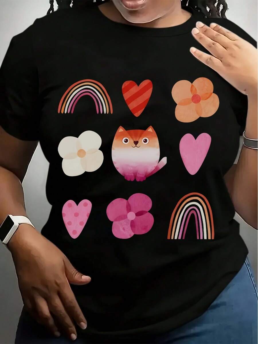 Women's T-Shirts Rainbow Heart Flower Fox Pattern 100%, Breathable Cute Fox Rainbow Hearts Flowers Pattern Print With Soft Pastel Colors On A Deep Maroon Background Featuring Playful Elements Lik - màu đen - Xem 1