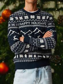 男士毛衣，美式街头风圣诞树、雪花、圣诞鹿图案，复古休闲宽松假日针织套头衫，秋冬款 - 藍色 - 查看 5
