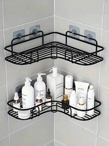 Rust-Proof Stainless Steel Corner Shower Caddy, Includes Double Hook Adhesive Strips, Multi-Tier Wall Mounted Bathroom Organizer For Shampoo, Conditioner And Cosmetics, Space-Saving Design, Durable Black Finish, Suitable For Modern Bathrooms, Shower Shelf