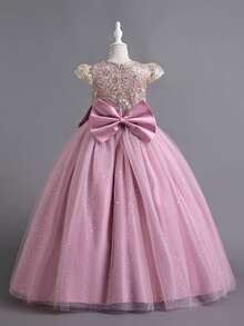 Girls Sequin Embroidered Bodice Tulle Ball Gown Dress With Glitter Skirt Short Sleeves And Big Bow Back Princess Flower Girl Dress For Wedding Birthday Pageant Formal Occasion - 藕粉色 - 查看 4