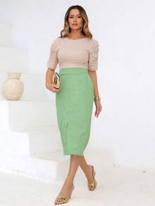 Linen Midi Skirt With Stylish Slit And Flexible Waist - Pistachio Green - View 3