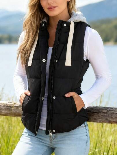 Women's Hooded Puffer Vest, Winter Warm Zip Up Quilted Jacket For Outdoor Casual Wear