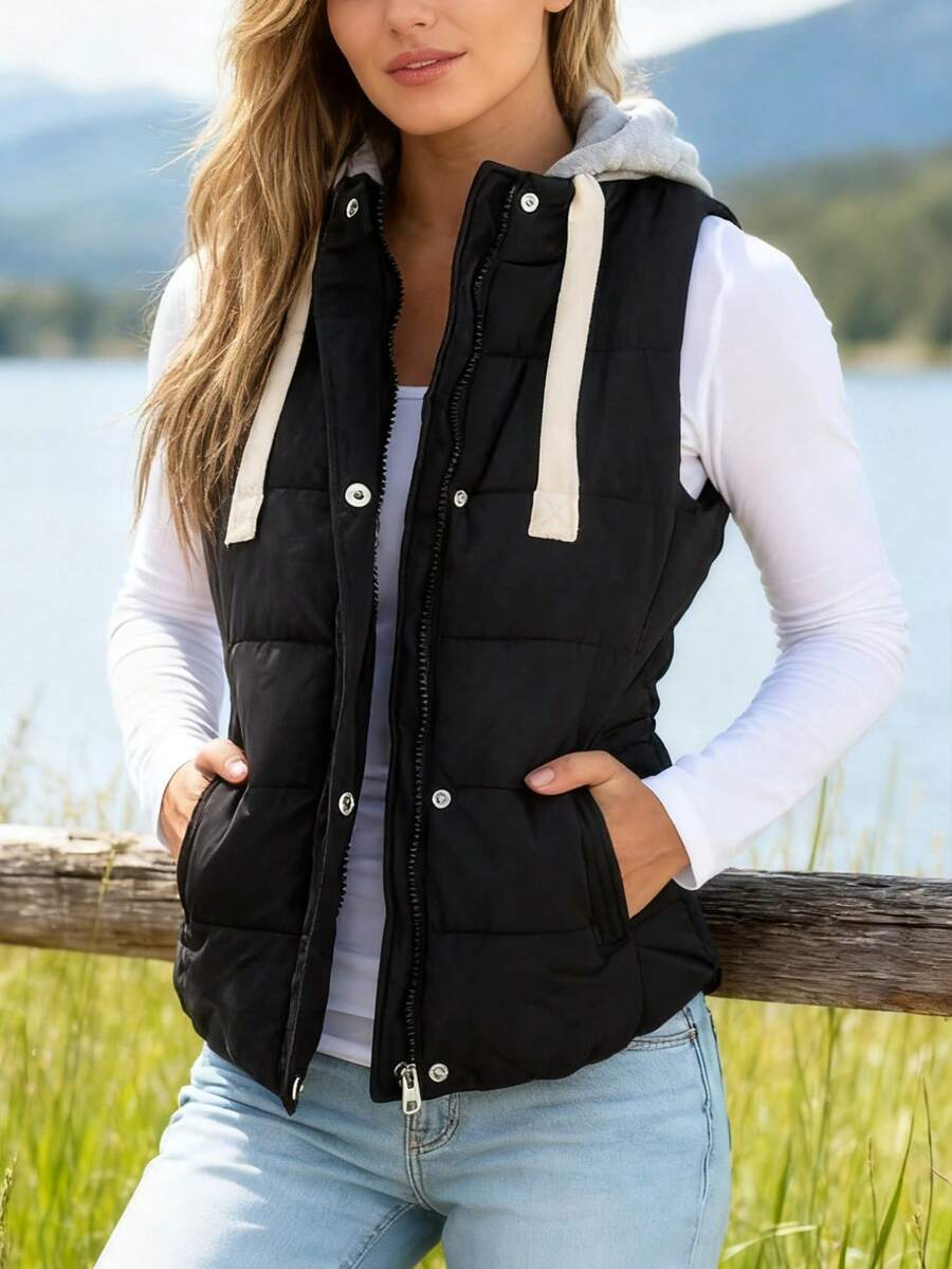Women's Hooded Puffer Vest, Winter Warm Zip Up Quilted Jacket For Outdoor Casual Wear - màu đen - Xem 1