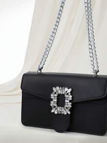 Clariva Rhinestone Decor Crossbody Bag, Mini Chain Shoulder Bag, Women's Sparkly Handbag & Square Purse Gifts - Black - View 3