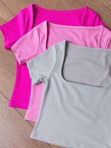 Square Suplex Cropped Top With Casual Lining For Women, Kit With 3 - Pink/Baby Pink/Gray - View 2