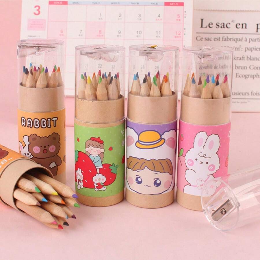 1 Bucket 12pcs Mini Colored Pencils With Sharpener, 3.5 Inch 12 Colors Drawing Pencils, Colored Pencil Set, Cartoon Portable Pencils For Art Painting