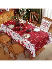 Une nappe de Noël joyeuse - motifs de fleurs rouges et d'arbres de Noël, en polyester, décorations rectangulaires pour le repas de fête